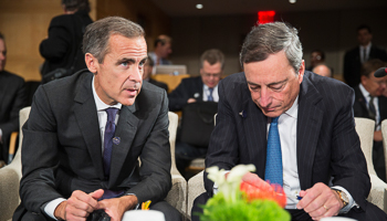 Mark Carney and Mario Draghi speak bat the World Bank/IMF annual meetings in Washington (Reuters/Joshua Roberts)