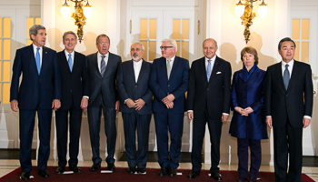 The Foreign Minister of Iran, UNSC P5+1 representatives and the EU High Representative pose for a picture during their meeting in Vienna (Reuters/Joe Klamar/Pool)