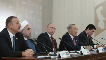 The Azerbaijan, Iranian, Russian, Kazakhstan, and Turkmenistan Presidents attend a news conference in Astrakhan, Russia (Reuters/Alexei Nikolsky/RIA Novosti/Kremlin)