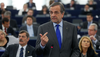 Samaras addresses the European Parliament during a debate in Strasbourg (Reuters/Jean-Marc Loos)