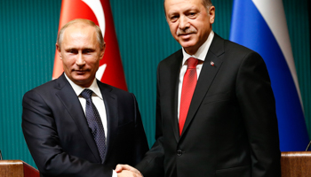 Russia's President Vladimir Putin shakes hands with Turkey's President Tayyip Erdogan after a news conference at the Presidential Palace in Ankara (Reuters/Umit Bektas)