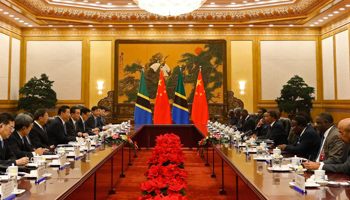 Tanzania's President Jakaya Kikwete talks with Chinese President Xi Jinping during a meeting at the Great Hall of the People in Beijing (Reuters/Takaki Yajima/Pool)