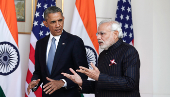 Obama and Modi ahead of their meeting in New Delhi (Reuters/Adnan Abidi)