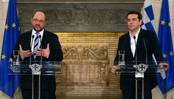 Tsipras and European Parliament President Martin Schulz in Athens (Reuters/Marko Djurica)