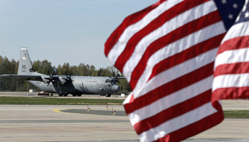A US Air Force plane lands at the airport in Riga, Latvia (Reuters/Ints Kalnins)
