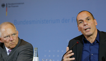 Varoufakis and Schaeuble address a news conference in Berlin (Reuters/Fabrizio Bensch)