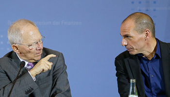 Varoufakis and Schaeuble at a news conference in Berlin (Reuters/Fabrizio Bensch)