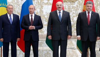 Kazakhstan's President Nursultan Nazarbayev, Russia's President Vladimir Putin, Belarus' President Alexander Lukashenko and Ukraine's President Petro Poroshenko (Reuters/Grigory Dukor)