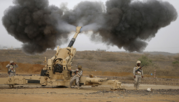 Saudi artillery fire shells towards Houthi positions from the Yemen border (Reuters/Faisal Al Nasser)