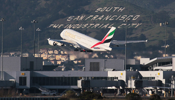 An Emirates Airbus A380-800 takes off from San Francisco International Airport (Reuters/Louis Nastro)