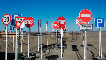 Road signs in Mongolia's South Gobi desert, to be deployed to Oyu Tolgoi mine (REUTERS/Tom Miles)