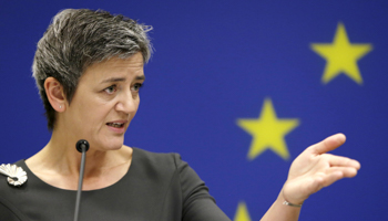 Vestager holds a news conference at the EU Delegation in Washington (Reuters/Gary Cameron)