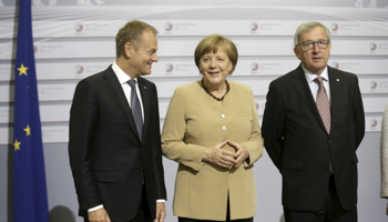 Donald Tusk, Angela Merkel and Jean-Claude Juncker at the Eastern Partnership Summit (Reuters/Ints Kalnins)