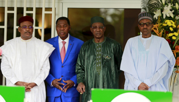 Presidents pose at the Summit of Heads of State and Government of LCBC meeting in Abuja (Reuters/Afolabi Sotunde)