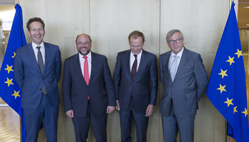 Jeroen Dijsselbloem, Martin Schulz, Donald Tusk and Jean Claude Juncker in Brussels (Reuters/Yves Herman)