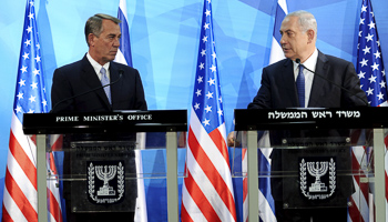 Netanyahu and the Speaker of the US House of Representatives, John Boehner, deliver statements in Jerusalem (Reuters/Debbie Hill/Pool)