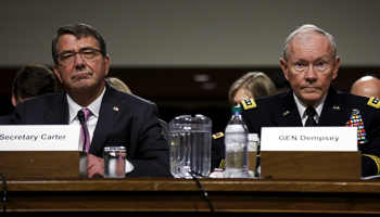 Ash Carter and Chairman of the Joint Chiefs of Staff General Martin Dempsey testify during a Senate hearing on the ISG campaign, in Washington (Reuters/Kevin Lamarque)