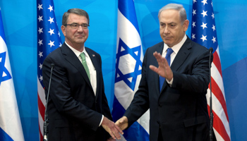 Benjamin Netanyahu and Ash Carter shake hands (Reuters/Menahem Kahana/Pool)