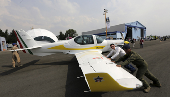 A G 120TP aircraft seen at Mexico's first aerospace fair, near Mexico City (Reuters/Henry Romero)