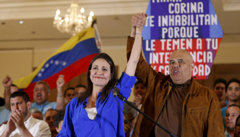 Venezuela's opposition leader Maria Corina Machado and Jesus Torrealba during a news conference in Caracas (Reuters/Carlos Garcia Rawlins)