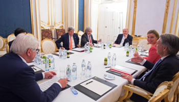 German Foreign Minister Frank-Walter Steinmeier, US Secretary of State John Kerry, French Foreign Minister Laurent Fabius, EU High Representative Federica Mogherini and UK Foreign Secretary Philip Hammond at the nuclear talks in Vienna (Reuters/Joe Klamar/Pool)