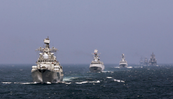 Chinese and Russian naval vessels participate in the Joint Sea-2014 naval drill outside Shanghai on the East China Sea, May 24, 2014. (Reuters/China Daily)