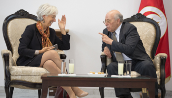 International Monetary Fund Managing Director Christine Lagarde meets with Tunisia's Central Bank Governor Chadli Ayari in Tunis (Reuters/Stephen Jaffe/IMF Staff)