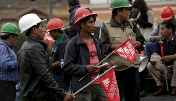 Miners stand at the main square during a mining national strike in Lima, Peru (Reuters/Mariana Bazo)