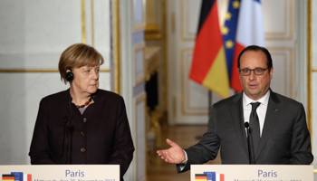 President Francois Hollande and Chancellor Angela Merkel at a press conference at the Elysee Palace in Paris (Reuters/Philippe Wojazer)