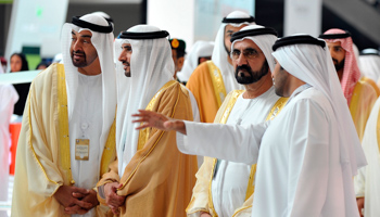 Ruler of Dubai Sheikh Mohammed bin Rashid al-Maktoum and Abu Dhabi Crown Prince Sheikh Mohammed bin Zayed al-Nahyan attend the International Defence Exhibition and Conference in Abu Dhabi (Reuters/Ben Job)
