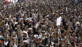 Huthis at an anti-Saudi coalition rally in Sana’a, 2015 (Reuters/Khaled Abdullah)