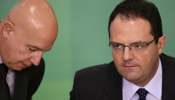 Brazil's Finance Minister Nelson Barbosa and Planning Minister Valdir Simao at a news conference in Brasilia (Reuters/Ueslei Marcelino)