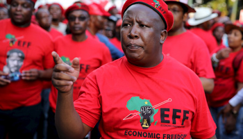 Leader of South Africa's radical Economic Freedom Fighters party Julius Malema at a demonstration outside the Johannesburg Stock Exchange (Reuters/Siphiwe Sibeko)
