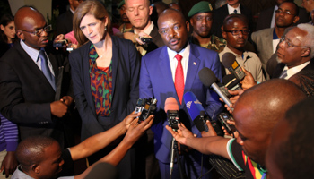 US Ambassador to the United Nations, Samantha Power, and Burundian President Pierre Nkurunziza address journalists on January 22 during a special UN Security Council visit to the country (Reuters/Michelle Nichols)