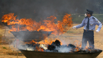 A policeman burns confiscated drugs during an anti-drug campaign (Reuters/Stringer)