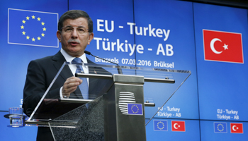 Turkish Prime Minister Davutoglu at the EU-Turkey summit in Brussels (Reuters/Yves Herman)