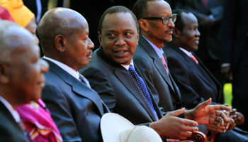 Ugandan President Yoweri Museveni and his Kenyan counterpart Uhuru Kenyatta at a meeting of regional leaders in Nairobi (Reuters/Noor Khamis)