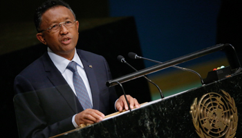 President Hery Rajaonarimampianina addresses the UN General Assembly (Reuters/Carlo Allegri)