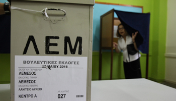 A voting booth during parliamentary elections in Limassol (Reuters/Yiannis Kourtoglou)