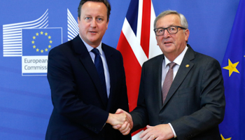 Britain's Prime Minister David Cameron, left, with European Commission President Jean-Claude Juncker arriving at the EU Summit in Brussels (Reuters/Francois Lenoir)
