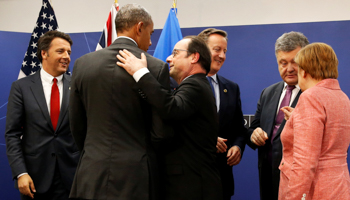 Left to right, Matteo Renzi, Barack Obama, Francois Hollande, David Cameron, Petro Poroshenko and Angela Merkel at the NATO Summit in Warsaw (Reuters/Jonathan Ernst)