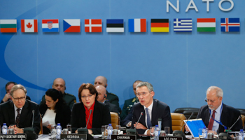 Georgia defence minister Tinatin Khidasheli, centre left, and NATO Secretary General Jens Stoltenberg, centre right, seen in Brussels (Reuters/Yves Herman) 
 (Reuters/Yves Herman)