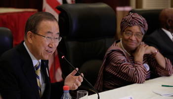 President Ellen Johnson Sirleaf in a meeting with UN Secretary General Ban Ki-moon in the capital Monrovia (Reuters/UN/Evan Schneider)