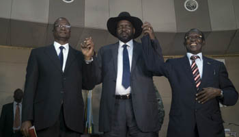 South Sudan's President Salva Kiir, First Vice President Taban Deng Gai and Second Vice President James Wani Igga pictured in July (Reuters/Adriane Ohanesian)
