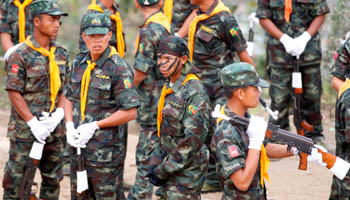 Soldiers from the Shan State Army-South during a military parade on the Thai-Myanmar border (Reuters/Soe Zeya Tun)
