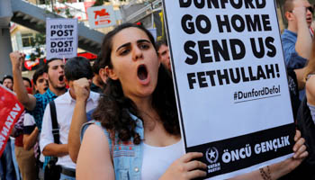 Demonstration against the visit of the chairman of the US Joint Chiefs of Staff, General Joseph F Dunford, outside the US embassy in Ankara on August 1 (Reuters/Umit Bektas)