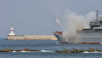 Landing ship Caesar Kunikov fires missiles during the Navy Day celebrations in Sevastopol, Crimea (Reuters/Pavel Rebrov)