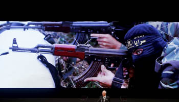 A slide shown while Malaysia's Prime Minister Najib Razak speaks about the threat of terrorism during the opening ceremony of the 26th ASEAN Summit in Kuala Lumpur, Malaysia (Reuters/Olivia Harris)