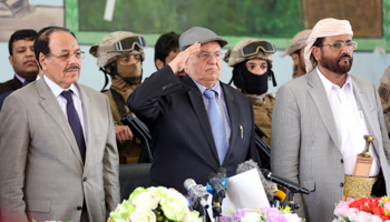 President Abd-Rabbu Mansour Hadi salutes during a visit in Marib (Reuters/Ali Owidha)