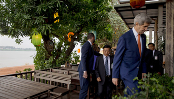 US Secretary of State John Kerry arrives at a Young Southeast Asian Leaders Initiative event in Vientiane, Laos (Reuters/Jacquelyn Martin/Pool)